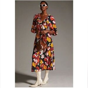 Anthropologie Maeve Deep-V Ruched Midi Dress sz 14